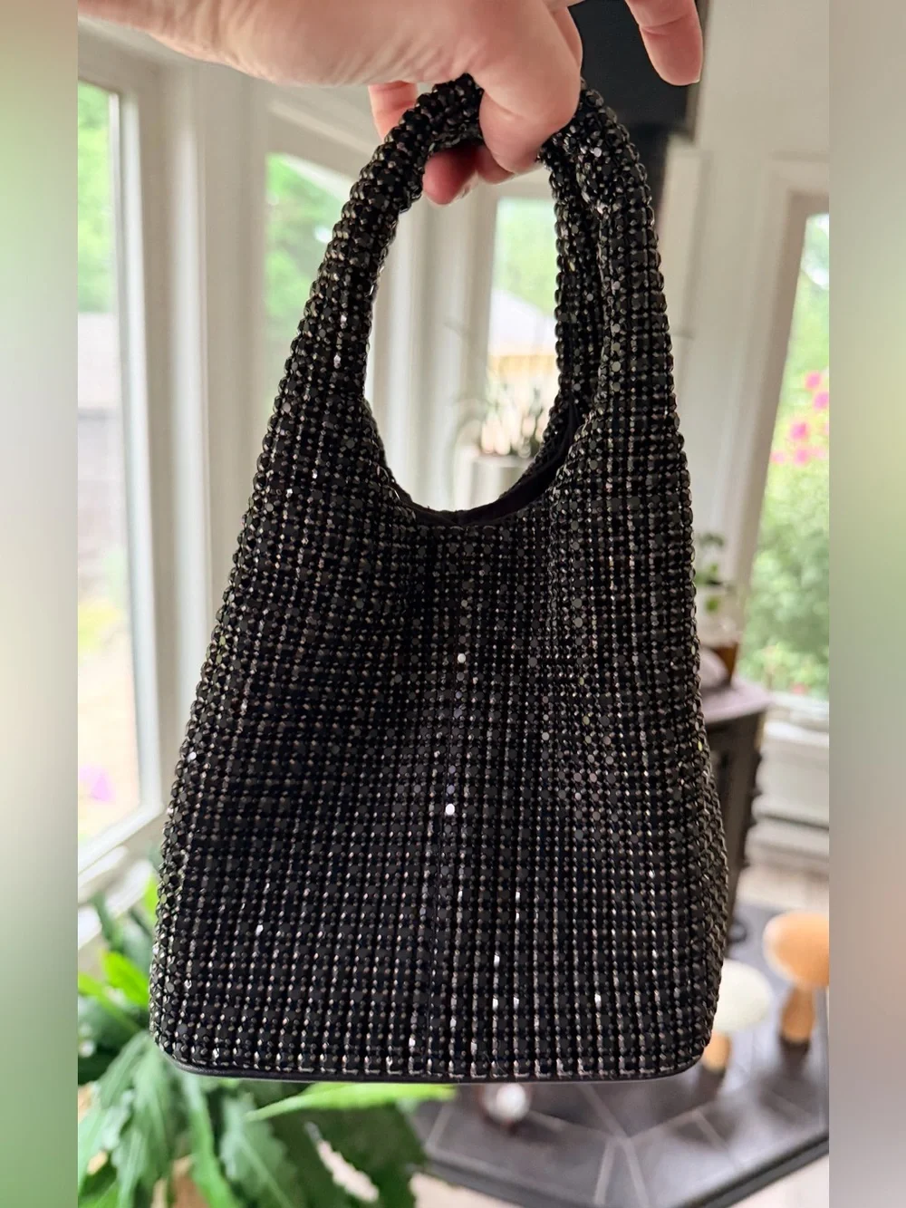 NEW w TAGs GIARITÉ Brilly Black Crystal Bucket Bag w Silver Tone Crossbody Strap